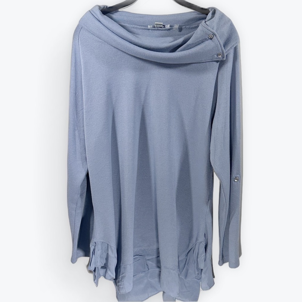Simply Noelle Sky Blue Knit Top Cowl Neck Woman's L/XL Ruffle Sheer Bottom